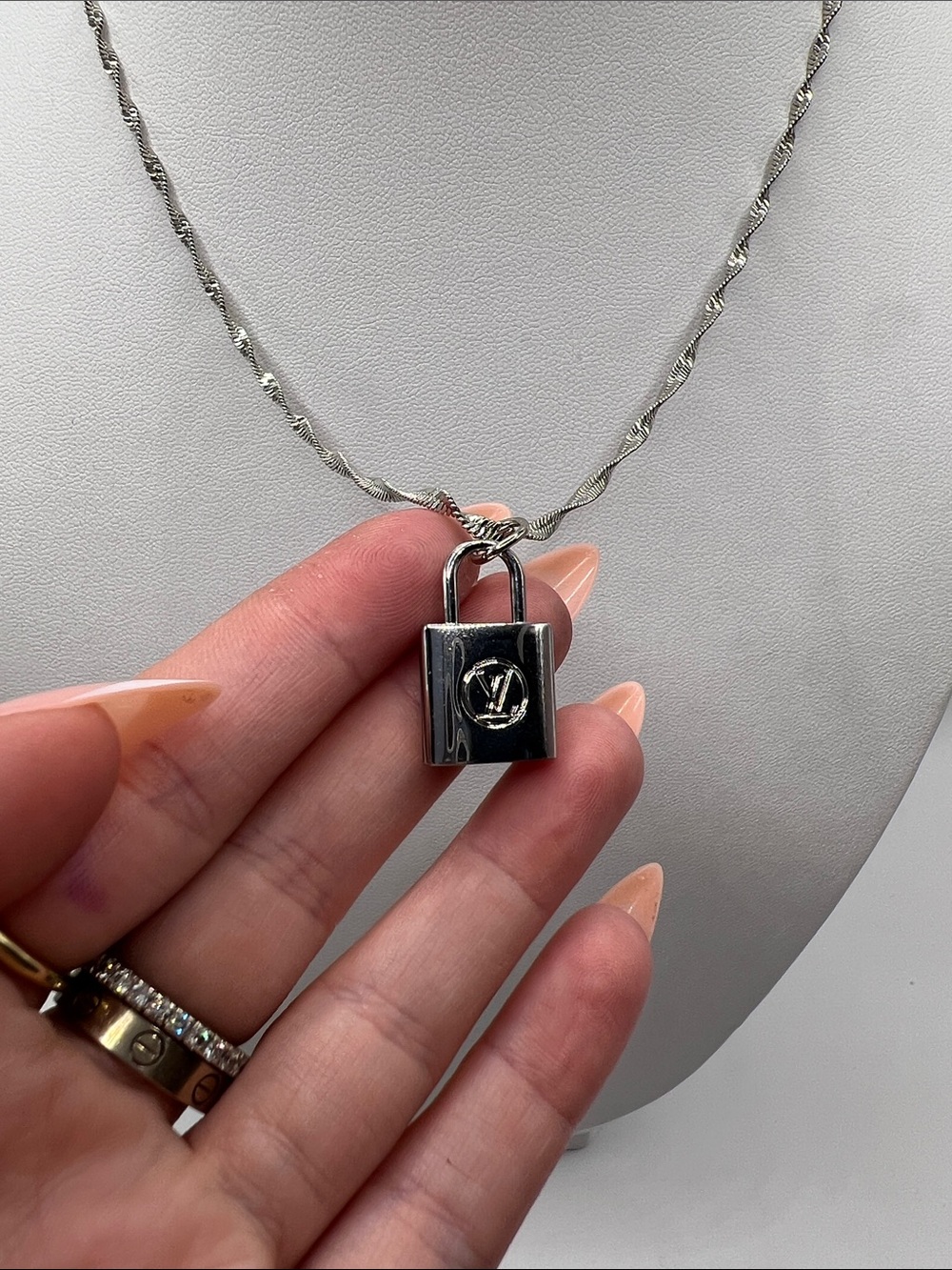 1411. Silver Upcycled Padlock Pendant Necklace Silver Plated Chain 17”